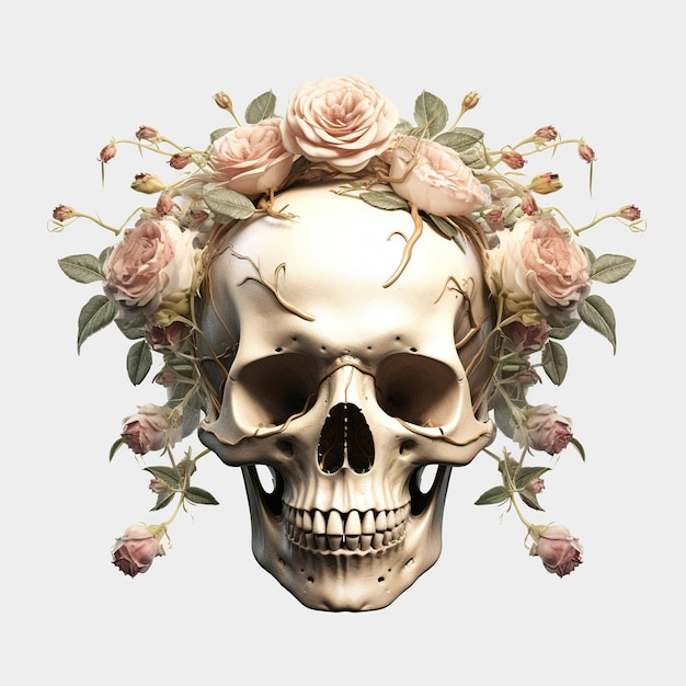 Ein Totenkopf mit einem Kranz aus Rosen auf dem Kopf, generatives KI-Bild