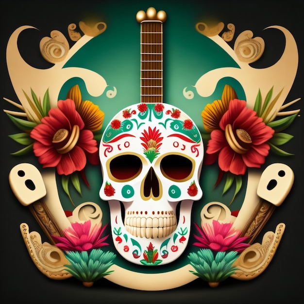 Ein Totenkopf mit einer Gitarre und Blumen darauf