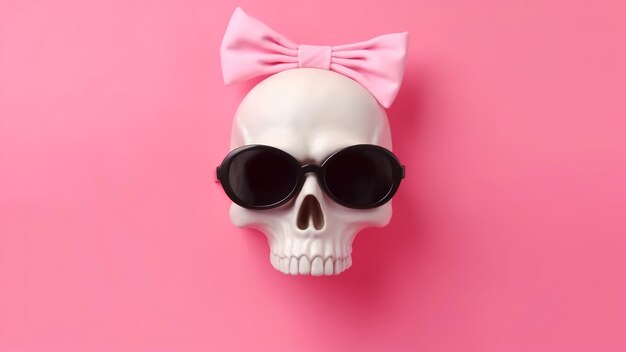 Ein Totenkopf mit einer Schleife darauf und einem rosa Hintergrund
