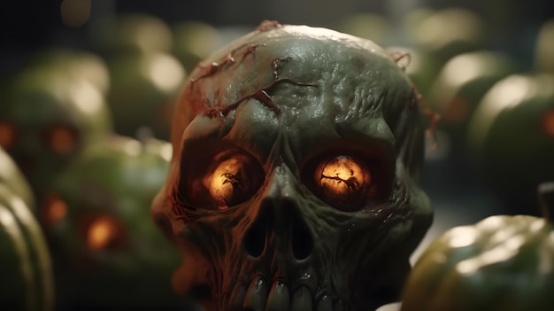 Ein Totenkopf mit orangefarbenen Augen steht vor einem Haufen grüner Äpfel.