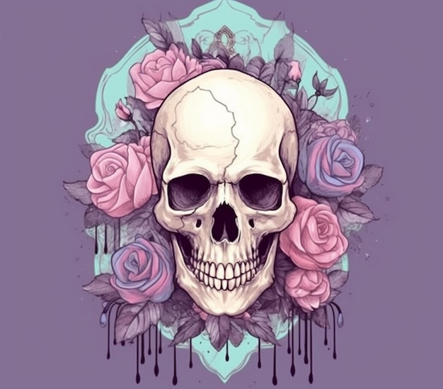 Ein Totenkopf mit Rosen und Blättern auf violettem Hintergrund, generative KI