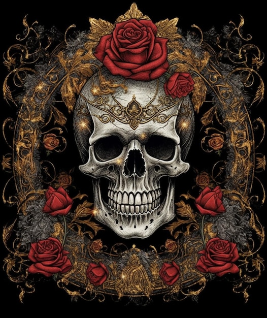Ein Totenkopf mit roten und goldenen Rosen darauf.