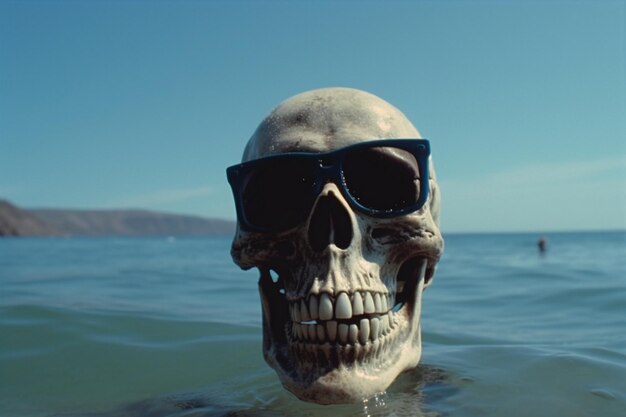 Foto ein totenkopf mit sonnenbrille schwimmt im wasser, im hintergrund ein berg.