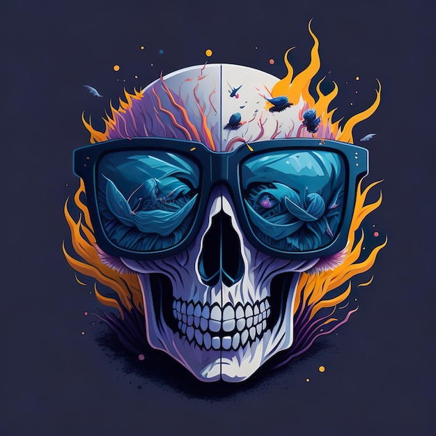 Ein Totenkopf mit Sonnenbrille und einem Totenkopf darauf, auf dem „Feuer“ steht.