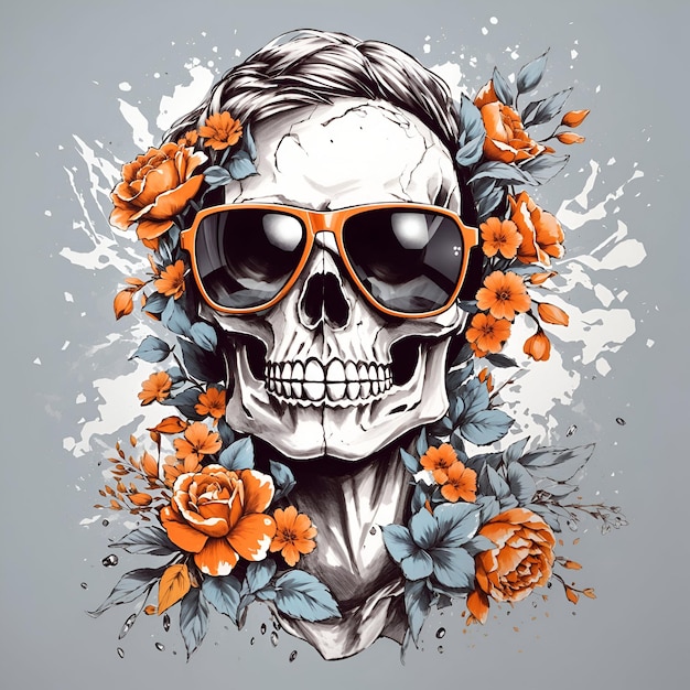 Ein Totenkopf mit trendiger Sonnenbrille und Blumenspritzer für das T-Shirt-Design