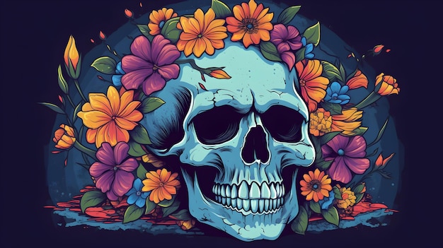 Ein Totenkopf umgeben von Blumen und Blumen
