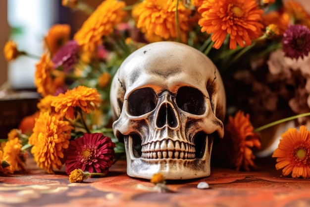 ein Totenkopf und Blumen auf einem Tisch