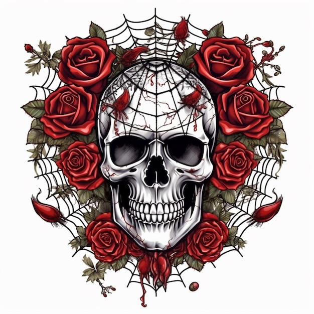 ein Totenkopf- und Rosen-Tattoo-Design mit einer generativen Spinnennetz-KI