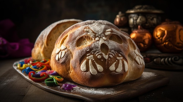 Ein totenkopfförmiges Brot mit einem Totenkopf darauf