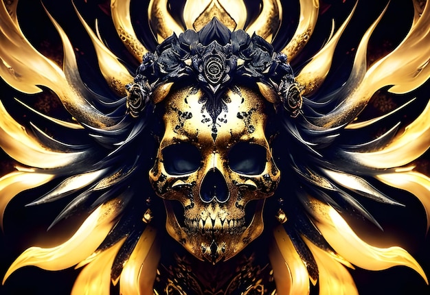 Ein Totenschädel mit einer Blumenkrone und einem goldenen Totenkopf darauf
