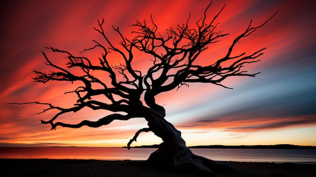 Ein toter Baum zeichnet sich vor einem Sonnenuntergangshimmel ab.