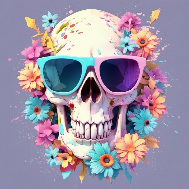 ein toter Schädel mit trendigem Sonnenbrillen-T-Shirt-Design, Blumenspritzer-T-Shirt-Design