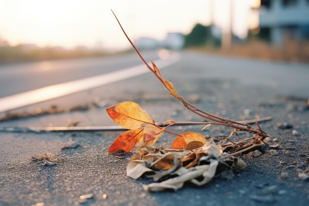 Foto ein totes blatt liegt auf dem boden mitten auf einer leeren straße