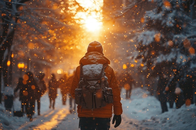 Ein Tourist geht bei Sonnenuntergang mit einem Rucksack durch einen schneebedeckten Winterwald