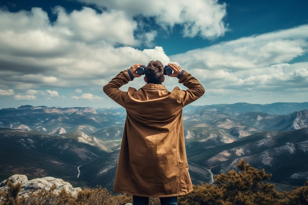 Foto ein tourist hält ein fernglas am sonnigen, bewölkten himmel von der bergspitze aus