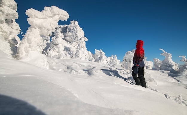 Ein Tourist steht im Winter bei sonnigem Wetter auf einem schneebedeckten Berg