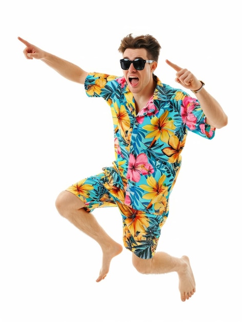 ein touristischer junger Mann FULL BODY Seitenansicht Sprung casual Strandanzug schwarze Sonnenbrille T-Shirt aufgeregt