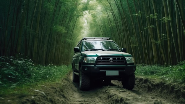 Ein Toyota 4runner fährt durch einen Bambuswald.