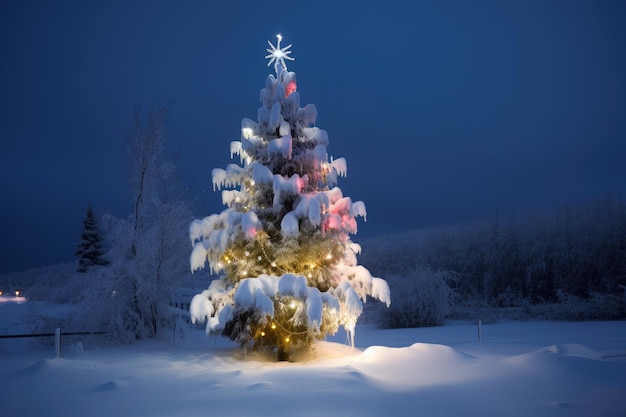 Ein traditionell geschmückter Weihnachtsbaum in einer Winterszene mit Schnee und Eiszapfen