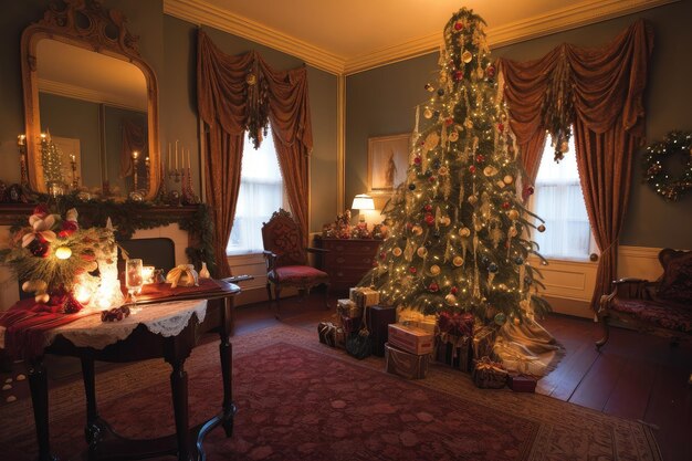 Ein traditioneller Baum, geschmückt mit zarten Ornamenten und Kerzen in einem wunderschön dekorierten Raum