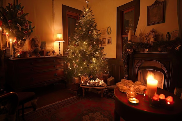 Ein traditioneller Baum, umgeben von Kerzen und Ornamenten für eine warme, gemütliche Atmosphäre