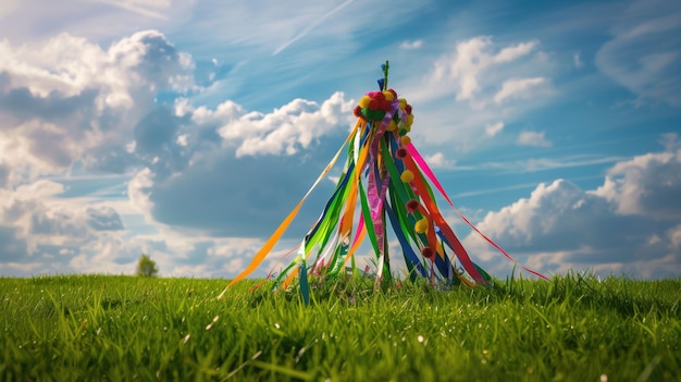 Ein traditioneller Maipfahl mit bunten Bändern vor einem sonnigen blauen Himmel im Frühling