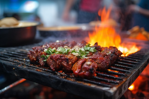 Ein traditioneller mexikanischer Straßenkostverkäufer grillt al pastor Tacos auf einem vertikalen Spitz