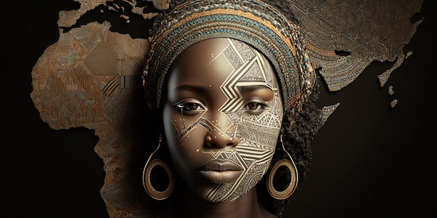 Ein traditionelles afrikanisches Mädchen, das ihr Blackwork-Tattoo der afrikanischen Karte präsentiert, die von AI generiert wurde