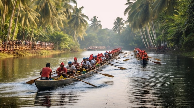 Ein traditionelles Bootsrennen in Vallamkali, das auf einem ruhigen Stauwasser stattfindet, bei dem Ruderer paddeln