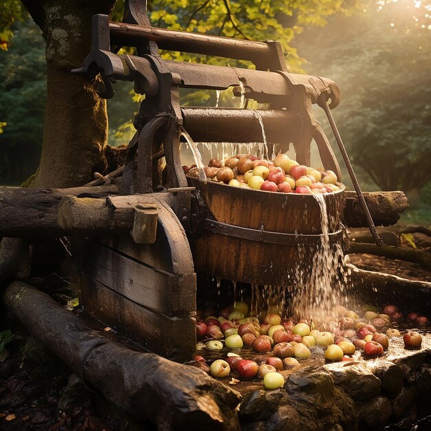 Ein traditionelles Gerät, das Saft aus reifen Äpfeln und einer Waldumgebung extrahiert