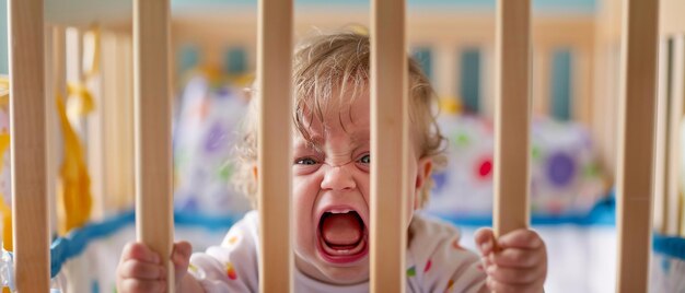 Ein tränenreiches Baby weint hinter den Sängelstangen in einem farbenfrohen Raum