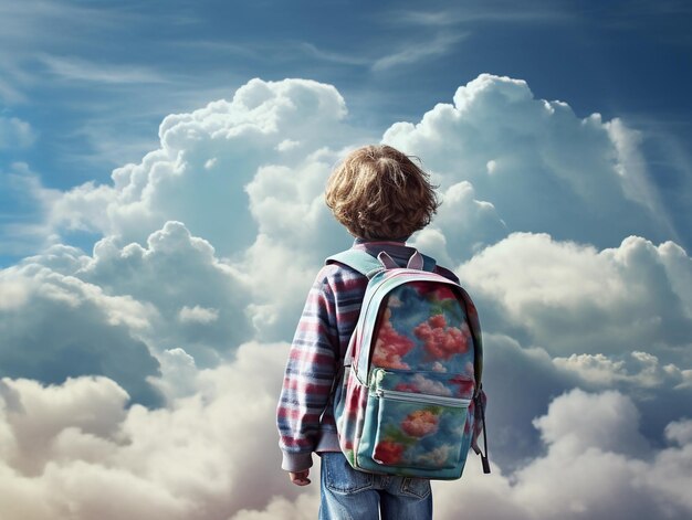 Ein träumerischer Schuljunge mit einem Rucksack steht inmitten der Wolken und starrt auf eine flauschige Wolke am Himmel.