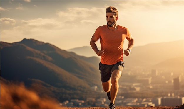 Ein Trailrunner läuft einen Bergpfad hinauf, während die Sonne aufgeht. Blick auf die Stadt im Hintergrund