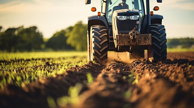 Ein Traktor arbeitet am Sonnenuntergang auf einer Plantage