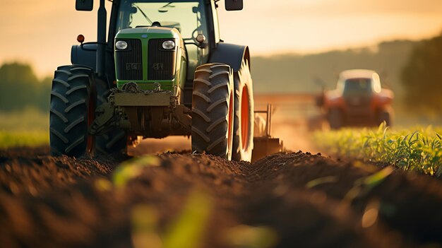 Ein Traktor arbeitet am Sonnenuntergang auf einer Plantage