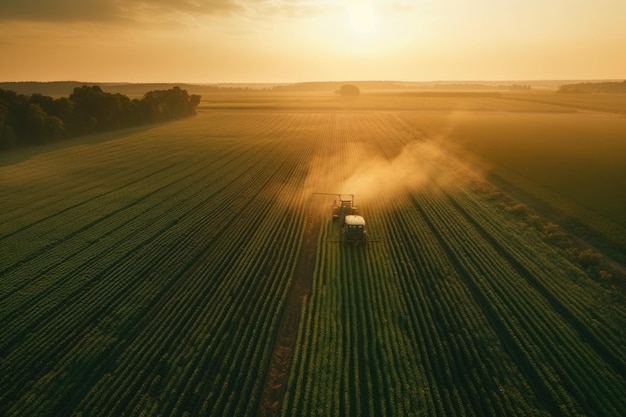 Ein Traktor auf einem Feld arbeitet auf einer Farm. Generative KI