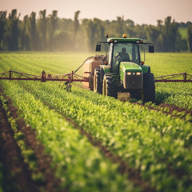 Ein Traktor auf einem Feld mit einer Spritze darauf