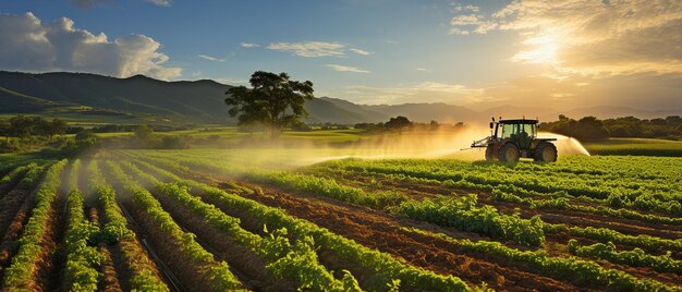 Ein Traktor auf einer Sojabohnenfarm, der Wasser oder Dünger mit Pestiziden gegen einen wunderschönen Himmel im Hintergrund gießt