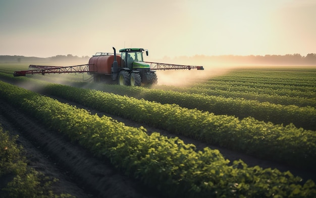 Ein Traktor besprüht ein Feld mit einem Sprühgerät, auf dem „Farmspray“ steht.