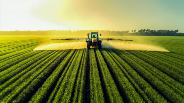 Foto ein traktor besprüht ein feld mit einer spritze darauf.