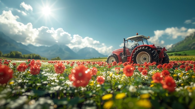 ein Traktor in einem Feld von Blumen mit Bergen im Hintergrund