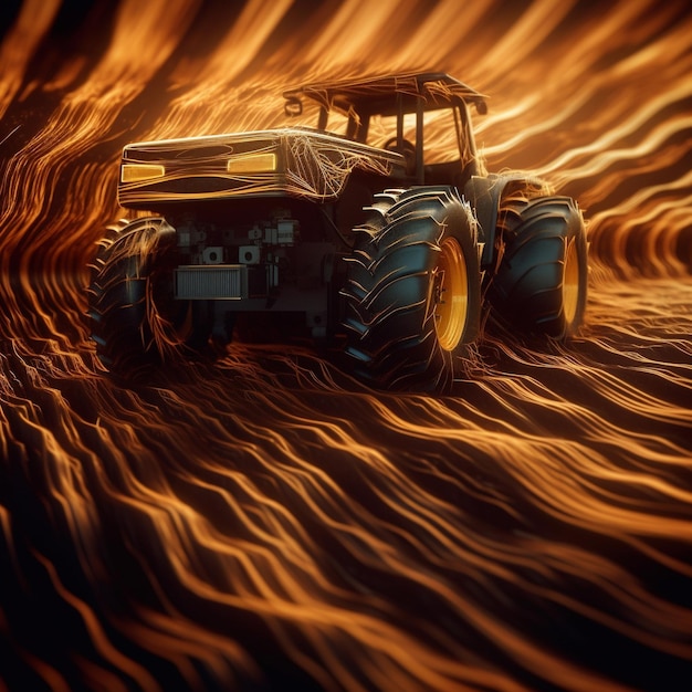 ein Traktor in einer dunklen Höhle mit orangefarbenen Streifen.