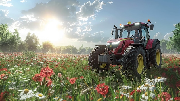 ein Traktor ist in einem Feld von Blumen mit der Sonne dahinter