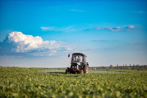 Ein Traktor mit Sprühgerät besprüht Sojabohnenherbizid