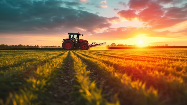 Foto ein traktor pflügt ein feld bei sonnenuntergang