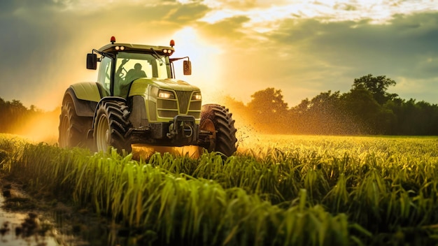 Ein Traktor sitzt allein mitten auf einem riesigen Feld, umgeben von sanften Hügeln und endlosen Himmeln, der sich fleißig um den reichen, fruchtbaren Boden kümmert