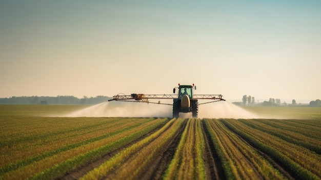 Ein Traktor spritzt Wasser auf ein Feld.