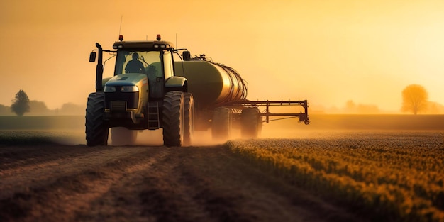 Ein Traktor sprüht bei Sonnenaufgang Pestizide auf einem Feld