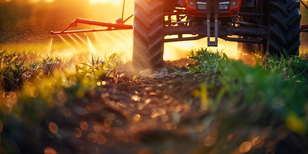 Foto ein traktor sprüht chemikalien, um schädlinge und unkraut in den pflanzen zu bekämpfen, um gesündere und reichlichere ernte zu gewährleisten