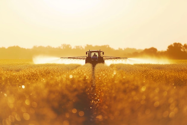 Ein Traktor sprüht Insektizide auf ein Weizenfeld Frühlingslandwirtschaftliche Landschaft Im Frühling sprüht ein Traktor Dünger und Chemikalien auf den Boden Landwirt mit Traktor und landwirtschaftlichem Sprayer